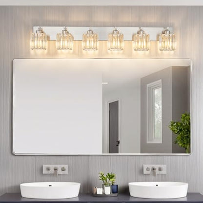 Modern Vanity Light 6-Lights Brushed Nickel Vanity Light Crystal Bathroom Wall Light Bathroom Light Fixtures - color: Nickel Straight, size: 6-light