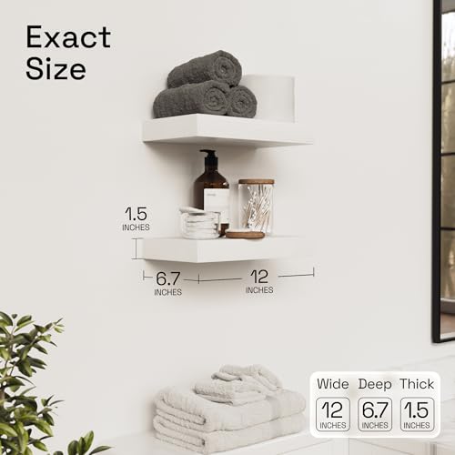 Solid Wood Floating Shelves for Wall 12 Inch White, Small Wooden Shelf | Real Wood, Wall Mounted, Thick, Rustic, Bedroom Kitchen Bathroom Living Room, White Finish, 12W × 6.7D, Set of 2 - color: White, size: 12 Inch