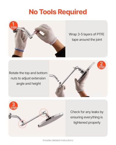 VEVOR Shower Head Extension Arm, 11 Inches, Brass Shower Arm Extender with Flexible Adjustable Angle Height, Chrome Finish, G1/2 Universal Thread Connector Compatible, for Rain & Handheld Showerhead - size: 11''
