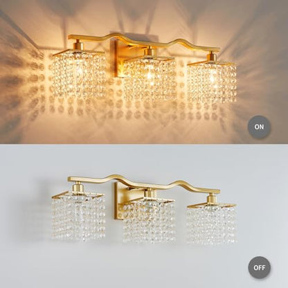 WUZUPS 3-Light Bathroom Light Fixture Over Mirror Morden Vanity Wall Sconces Light Clear Crystal Drop for Bedroom Living Room, E12 Base, Gold - color: Gold Wall light