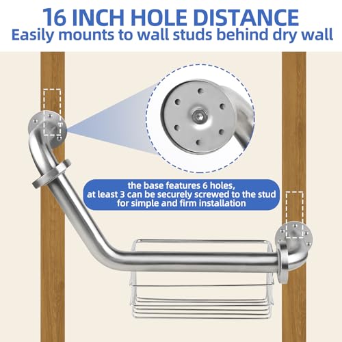 FSA Eligible, Upgrade 16 inch Angled Grab Bar with Storage Basket, Handicap Grab Bar for Elderly, Stainless Steel, Grab Bars for Shower, Bathroom Mobility Aid, Heavy Duty 550lbs Support