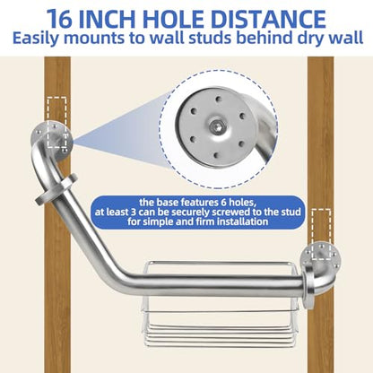 FSA Eligible, Upgrade 16 inch Angled Grab Bar with Storage Basket, Handicap Grab Bar for Elderly, Stainless Steel, Grab Bars for Shower, Bathroom Mobility Aid, Heavy Duty 550lbs Support