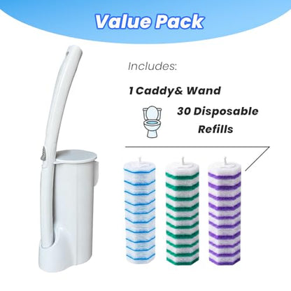 Disposable Toilet Brush Cleaning Supplies, Toilet Bowl Cleaner and Holder Set with 30 Toilet Wand Refill Pads, Wall Mounted Toliet Wand Kit Bathroom Maintenance, Storage Caddy (White) - color: White