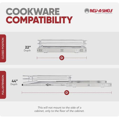 Rev-A-Shelf Steel Wire Pullout Drawer Organizer Shelf for Kitchen Cabinets, Slide Out Storage Basket, Min Opening Width of 20.5", 21" x 22", 5WB1-2122CR-1 - size: 21" W x 22"D, style: Single Tier