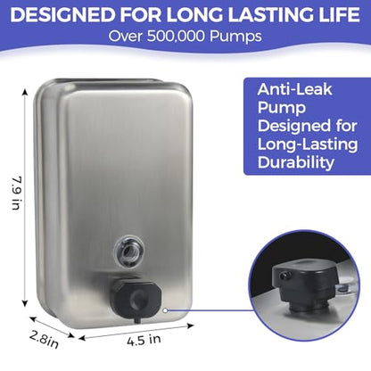 Stardrix Heavy Duty Stainless Steel Wall Mount Soap Dispenser, 1100ml/37oz, with Corrosion Proof Lining and Anti-Leak Pump for Commercial & Home Bathroom Kitchen(Vertical) - size: Vertical