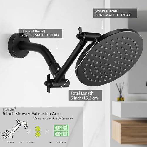 6 Inch Adjustable Shower Head Extension Arm, All-Metal Shower Arm Extender with Locking Set Screw for Rainfall, Fixed, Handheld Showerheads, G1/2 Universal Thread, Easy Installation, Matte Black - color: MTB, style: 6 Inch