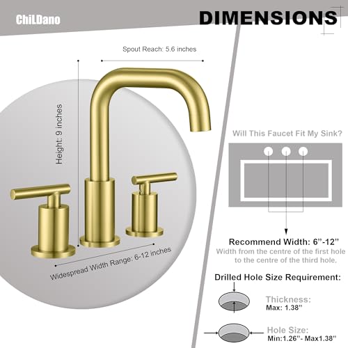ChiLDano Brushed Gold Bathroom Faucets 3 Hole with Drain and Supply Hose | 2 Handles Brushed Gold Widespread Bathroom Faucet for Sink 3 Hole, 8 inch Bathroom Sink Countertop Faucet Matte Gold CH3166BG - color: Brushed Gold