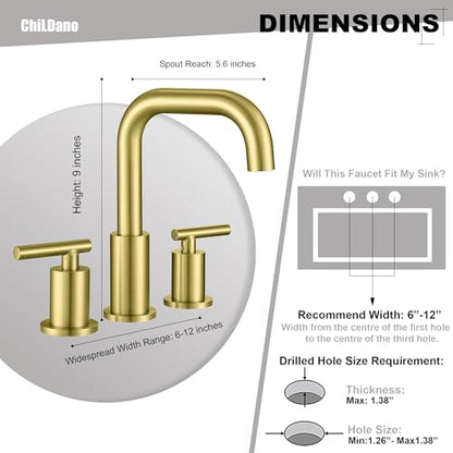 ChiLDano Brushed Gold Bathroom Faucets 3 Hole with Drain and Supply Hose | 2 Handles Brushed Gold Widespread Bathroom Faucet for Sink 3 Hole, 8 inch Bathroom Sink Countertop Faucet Matte Gold CH3166BG - color: Brushed Gold