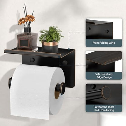 FORIOUS Toilet Paper Holder with Shelf, Adhesive or Screw,Oil Rubbed Bronze | Wall Mount Toilet Paper Roll Holder for Bathroom, Stainless Steel Commercial Toilet Tissue Roll Dispenser with Phone Shelf - color: Oil Rubbed Bronze