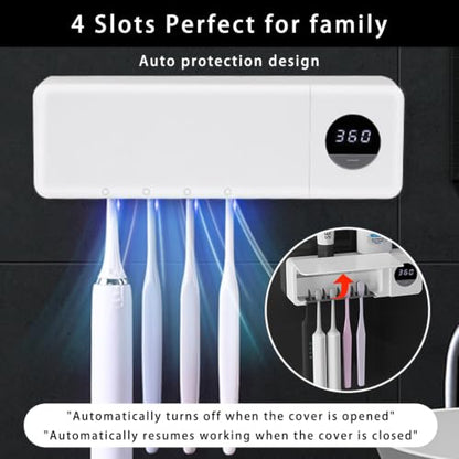 Cordless Toothbrush Holder, Toothbrush Cleaner with 4 Slots & 360s Timer Function, No-Drill Rechargeable Wall-Mounted Toothbrush Holders for Bathroom Family, White