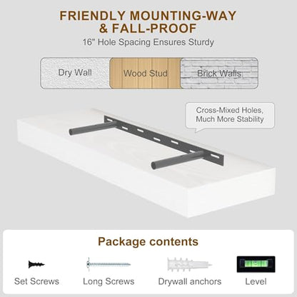 Fun Memories 60 Inch Fireplace Mantel - Long Floating Shelf, Wall Mounted Farmhouse Display with Invisible Heavy Duty Metal Bracket, White, 2 Pack - color: White, size: 60"W x 6.5"D