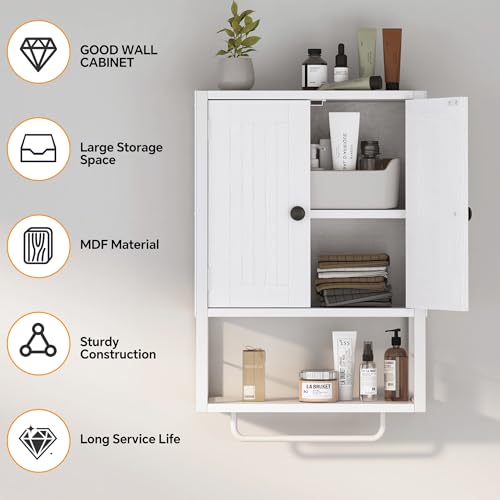 Homeiju Rustic Wall Mounted Medicine Cabinet, White Wood Storage Cabinet with Two Barn Doors, Shelf and Towel Bar for Bathroom, Living Room, Kitchen, White - size: 29.9'' H
