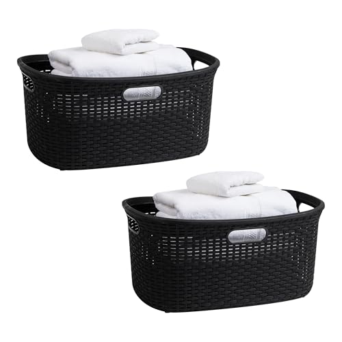Mind Reader 40L Laundry Basket, Clothes Hamper, Premium Wicker Design, Plastic, Set of 2, Black - color: Black, size: 2-Pack