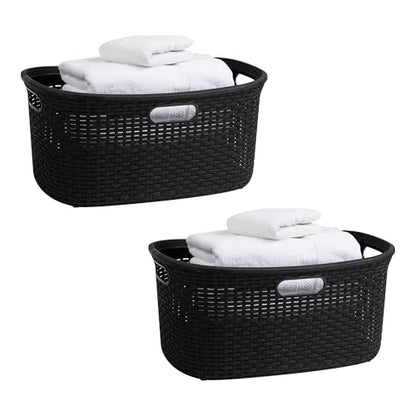 Mind Reader 40L Laundry Basket, Clothes Hamper, Premium Wicker Design, Plastic, Set of 2, Black - color: Black, size: 2-Pack