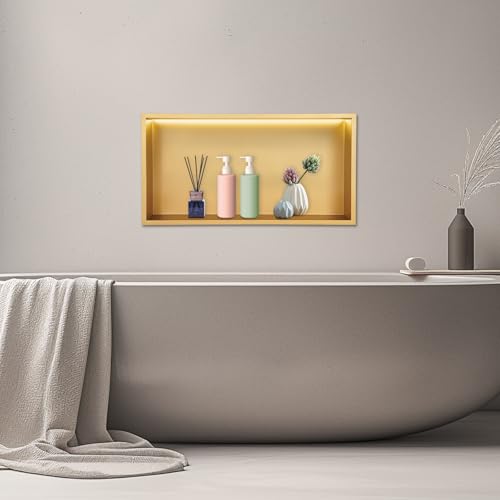 Shower Niche, 25 x 13 inch Recessed Wall Niche with LED Light Strip, Heavy-Duty Stainless Steel Modern Shampoo Storage Organizer, Sealed Waterproof, Durable & Easy to Install, Gold - color: Gold