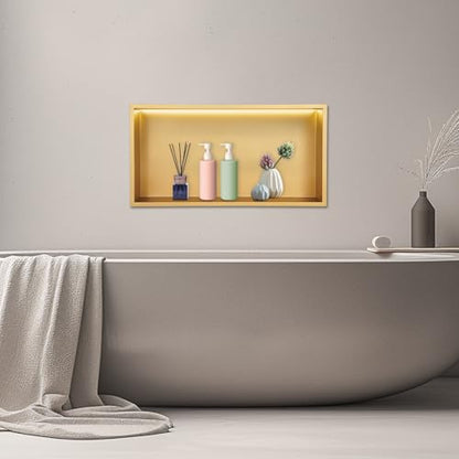 Shower Niche, 25 x 13 inch Recessed Wall Niche with LED Light Strip, Heavy-Duty Stainless Steel Modern Shampoo Storage Organizer, Sealed Waterproof, Durable & Easy to Install, Gold - color: Gold