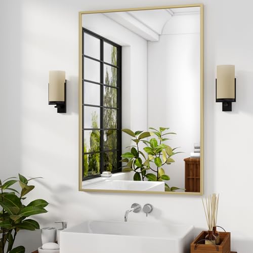 HARRITPURE 24"x32" Rectangle Bathroom Mirror, Gold Vanity Wall Mirror | Aluminum Alloy Frame Wall Mirror, Horizontal or Vertical Wall Mount for Entryway Bedroom Living Room - size: 32"L x 24"W