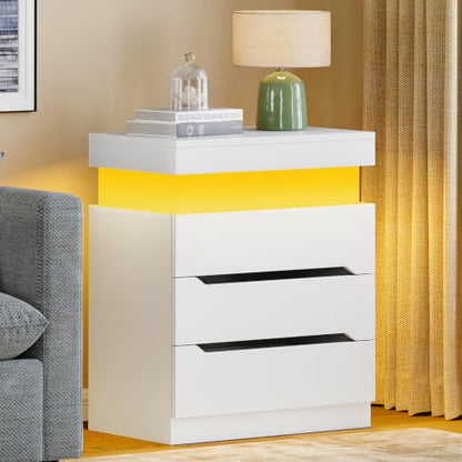 Nightstands Set of 2, Night Stand with 3 Drawers, Nightstand with App-Controlled Adjustable LED Light, Bedside Table with Slidable Hidden Storage Space, Modern Nightstands for Bedroom,White - color: Unbzx032wd2-zf