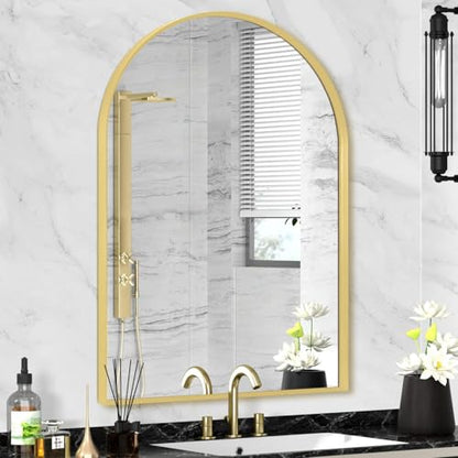 Gold Arched Mirror 22x30in, Metal Framed Bathroom Vanity Wall | Tempered Glass, Shatter Proof, Living Room Bedroom Entryway, Modern Elegant Design - color: Gold, size: 30"L x 22"W, style: Arched