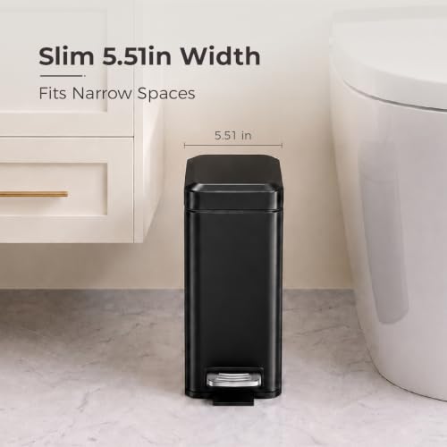 Sineng Bathroom Trash Can with Lid Soft Close, 1.6 Gallon Stainless Steel Small Pedal Garbage Can with Removable Inner Bucket, Waste Bin for Kitchen Bedroom, Compact Toilet Trash bin, Black - color: Black