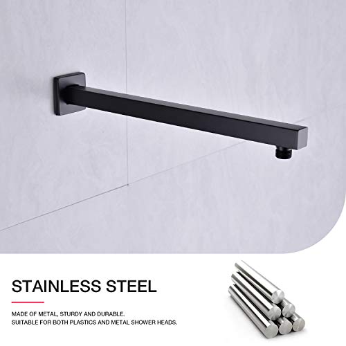 Matte Black Shower Arm with Flange 16 Inch Wall Mounted Extension Arm for Bathroom Rainfall Shower Head, Stainless Steel, Square Shaped - color: Matte Black
