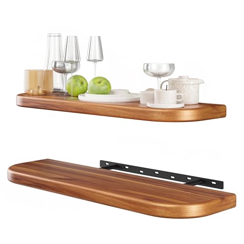 BATODA 24" Acacia Wood Floating Shelves Wall Mounted (Round Edge) – Rustic Farmhouse Wooden Wall Storage Shelf for Bedroom, Kitchen - Brackets and Shelving Hardware Included (Acacia,24 Inch Length) | 100 LBS Capacity, Hidden Brackets, Thick Shelf Design,