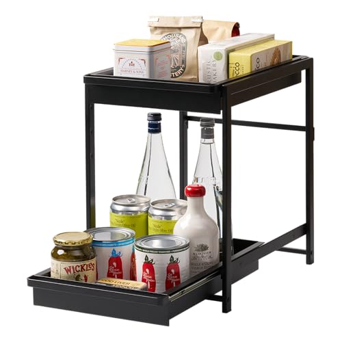 Yamazaki Home Under-Sink Rack, Two-Tier with Pull-Out Shelf, Steel, Black | Versatile under-sink rack features a two-tier organization system with sliding drawers. Adds practical everyday storage. - color: Black