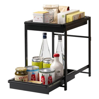 Yamazaki Home Under-Sink Rack, Two-Tier with Pull-Out Shelf, Steel, Black | Versatile under-sink rack features a two-tier organization system with sliding drawers. Adds practical everyday storage. - color: Black