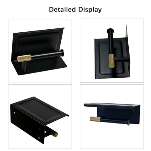 Toilet Paper Holder with Shelf, Stainless Steel PVD Black with Gold Accents | Wall Mount Toilet Tissue Roll Holder with Phone Shelf for Bathroom Storage, Solid Brass Roll Bar with Knurled Texture Detail - color: Dual Tone Black & Gold