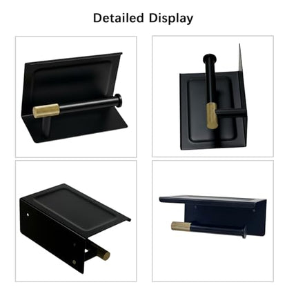 Toilet Paper Holder with Shelf, Stainless Steel PVD Black with Gold Accents | Wall Mount Toilet Tissue Roll Holder with Phone Shelf for Bathroom Storage, Solid Brass Roll Bar with Knurled Texture Detail - color: Dual Tone Black & Gold