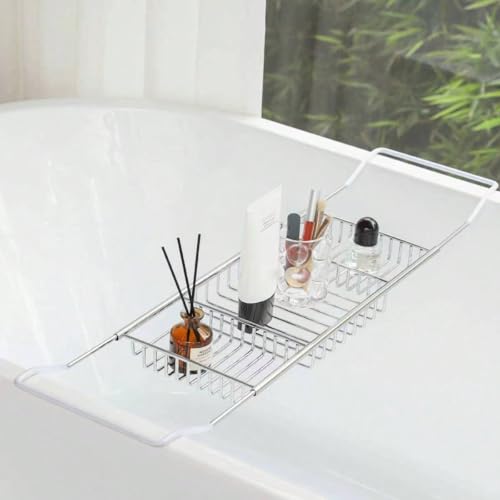 Stainless Steel Expandable Shower Bathtub Tray Over Tub Bath Caddy Expandable Bath Caddy for The Elegant Tub Chrome Polished (Silver) - color: Silver