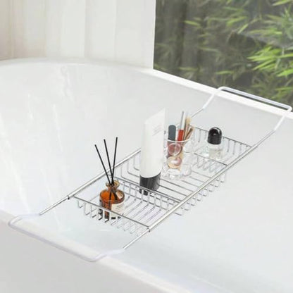 Stainless Steel Expandable Shower Bathtub Tray Over Tub Bath Caddy Expandable Bath Caddy for The Elegant Tub Chrome Polished (Silver) - color: Silver