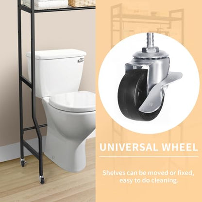 IIQ 3-Tier Metal Bathroom Organizer Shelf, Over The Toilet Storage,Freestanding Above Toilet Rack with Universal Wheels Toilet Paper 2 Holder Hooks,Simple Morden