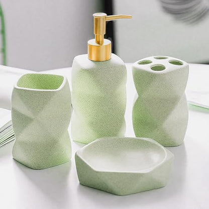 Ceramic Bathroom Accessories Set, 4-Piece Green Bathroom Set Complete with Soap Dispenser Set, Toothbrush Holder, Tumbler & Soap Dish – Bathroom Sets Accessories for Home, Apartment, Idea - color: Green