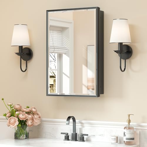 Keonjinn 16" x 24" Black Medicine Cabinets for Bathroom with Mirror, Fully Assembled, Recessed or Surface Wall-Mounted, Aluminum Framed, Metal Bathroom Vanity Mirror with Storage Cabinet - color: Black, size: Mirror: 16x24 IN, style: Single-Door