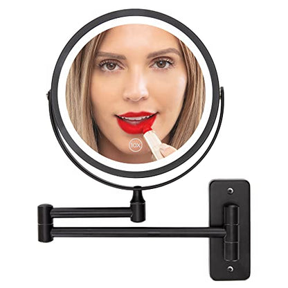 Wall Mounted Lighted Makeup Mirror - Swing Arm Vanity Mirror with Lights and 10X Magnification for Bathroom - Includes Rechargeable LED Cable and Instruction Manual