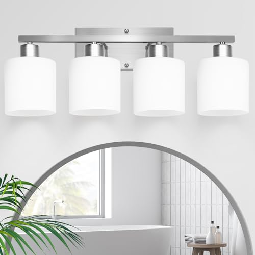 SILAMPDI 4-Light Bathroom Lighting Fixtures Over Mirror, Brushed Nickel Bathroom Vanity Light, Modern Rustproof Wall Sconce Lights, Milky White Frosted Glass Shades, E26 Base, Bulbs Not Included - color: Brushed Nickel-4Light