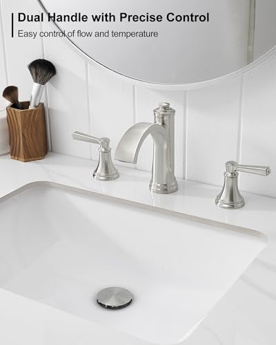 Brass Waterfall Bathroom Faucets, Brushed Nickel Bathroom Faucet 4-16 Inch, 2 Handle Widespread Bathroom Sink Faucet 3 Hole with Pop Up Drain and Supply Lines - color: Brushed Nickel