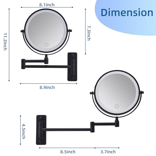 Wall Mounted Makeup Mirror with Light, 8" Double Sided 1X/10X Magnifying Mirror, Rechargeable, 3 Color Lights, Touch Dimmable, 360° Rotation & Extendable Arm