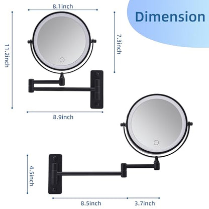 Wall Mounted Makeup Mirror with Light, 8" Double Sided 1X/10X Magnifying Mirror, Rechargeable, 3 Color Lights, Touch Dimmable, 360° Rotation & Extendable Arm