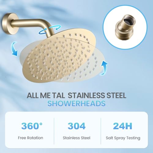 Brushed Gold Round Rainfall Shower Head, All Metal Stainless Steel Rain Shower Heads with 90 Anti-Clog Silicone Nozzles, Wall or Ceiling Mount, 8 inch - color: Brushed Gold, size: 8 Inch
