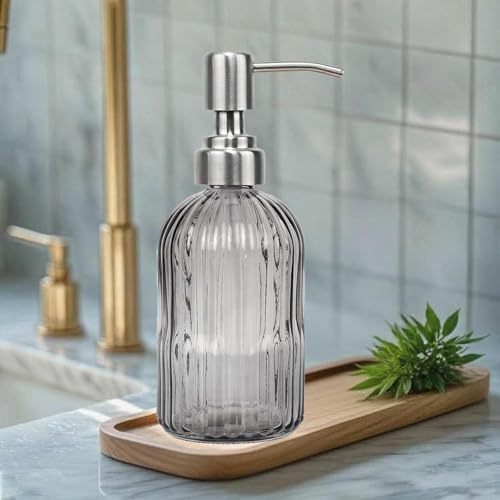 14Oz Gray Glass Soap Dispenser Bathroom, Stainless Steel Pump, Stripe | Clear Glass Liquid Hand Soap Dispensers, Refillable Dish Soap Dispenser for Kitchen, Countertop Soap Dispensers - color: Gray