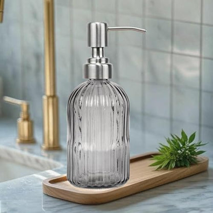 14Oz Gray Glass Soap Dispenser Bathroom, Stainless Steel Pump, Stripe | Clear Glass Liquid Hand Soap Dispensers, Refillable Dish Soap Dispenser for Kitchen, Countertop Soap Dispensers - color: Gray