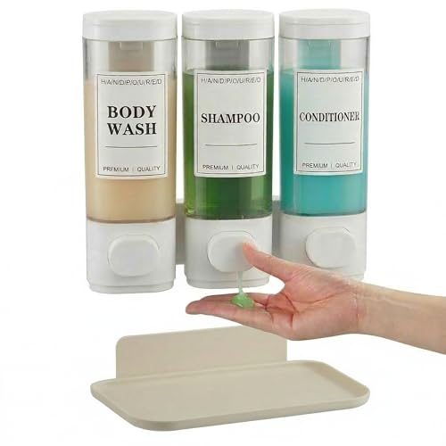 Shampoo and Conditioner Dispenser, Wall-Mounted Shower Soap Dispenser, 3 in 1 No Drill Wall Mounted Soap Dispenser, Large Capacity Triple Refillable Bottles for Bathroom, Hotel, Gym (White)