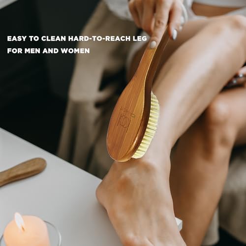 ICANdOIT-17.71Inch Natural Boar Bristles Anti-Slip Curved Long Handle Bath Brush,Bent Handle Shower Scrubber for Exfoliating,Shower Back Brush