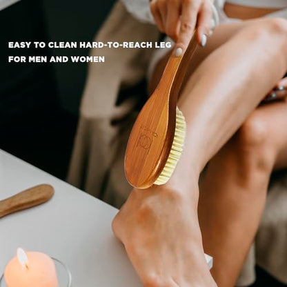 ICANdOIT-17.71Inch Natural Boar Bristles Anti-Slip Curved Long Handle Bath Brush,Bent Handle Shower Scrubber for Exfoliating,Shower Back Brush