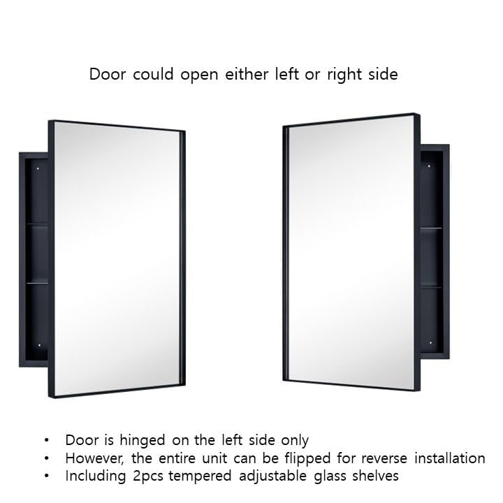 TEHOME Recessed Mount 16x26'' Squared Rectangle Matt Black Bathroom Medicine Cabinet with Mirror Black Metal Framed Rectanglular Medicine Cabinet 2 Adjustable Glass Shelves - color: Black