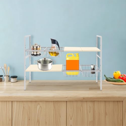 2-Tier Under Sink Organizer, Adjustable 20.9-34.6 Inch, Stainless Steel Cabinet Shelf with 4 Baskets, Cream White (Cream White) - color: Cream White