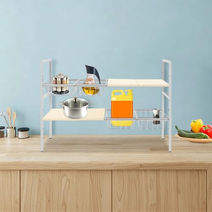 2-Tier Under Sink Organizer, Adjustable 20.9-34.6 Inch, Stainless Steel Cabinet Shelf with 4 Baskets, Cream White (Cream White) - color: Cream White