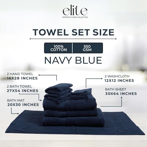 ELITE Emporium Home Collection 8-Piece Cotton Bath Towel Set - Ultra Soft, 550 GSM, Quick-Dry - Bath Sheet, Bath Towels, Hand Towels, Washcloths, Bath Mat - Luxury Bathroom Towel Set (Navy Blue) - color: Navy Blue